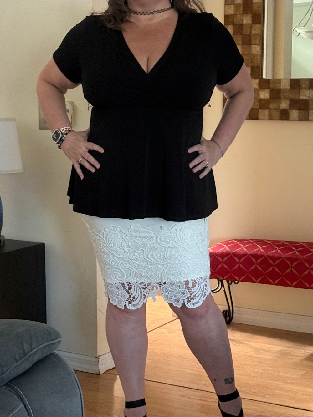 Haute Monde Black Top with White Lace Pencil Skirt